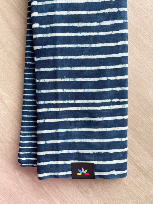 Midnight Blue Hand Block Printed Mul Cotton Saree - 35131-35132