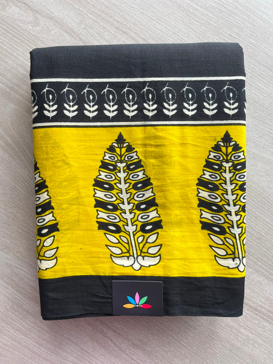 Black Hand Block Printed Mul Cotton Saree - 35133-35134