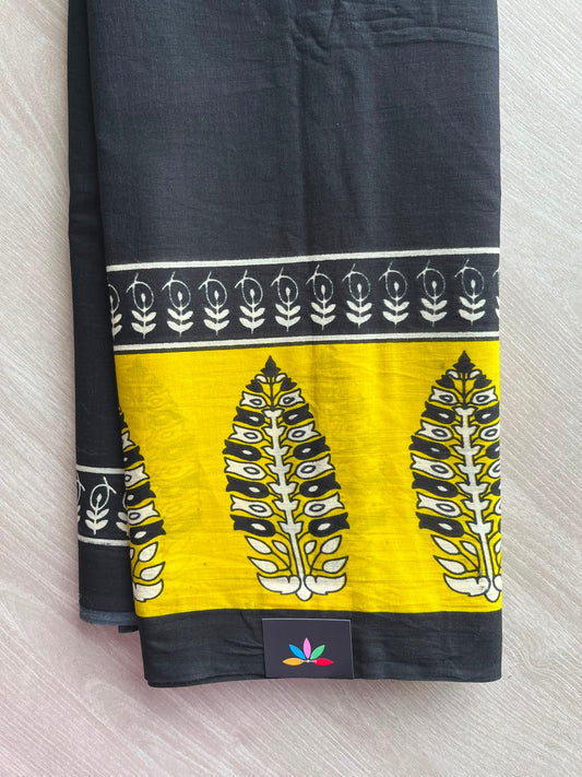 Black Hand Block Printed Mul Cotton Saree - 35133-35134
