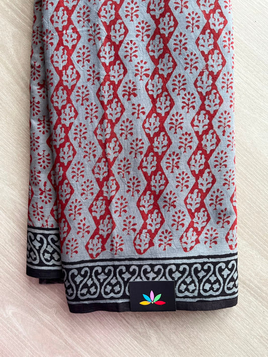 Light Blue Grey Hand Block Printed Mul Cotton Saree - 35135