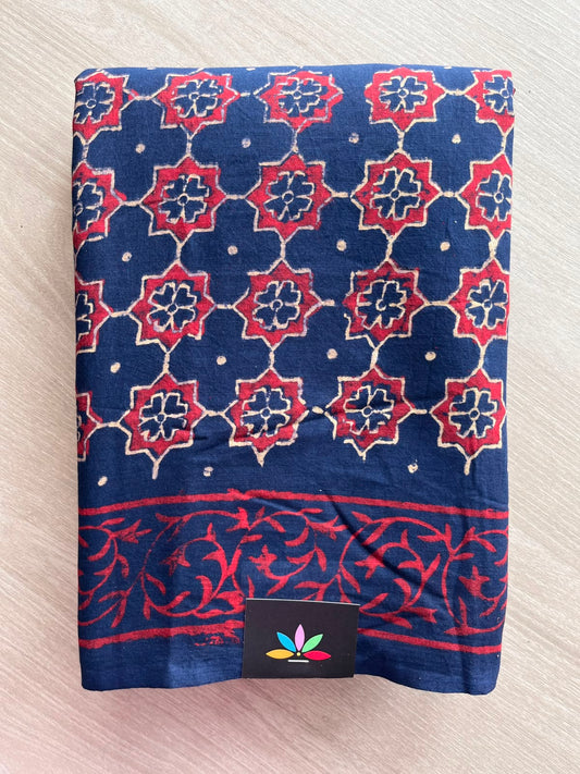 Navy Blue Shade Hand Block Printed Mul Cotton Saree - 35136