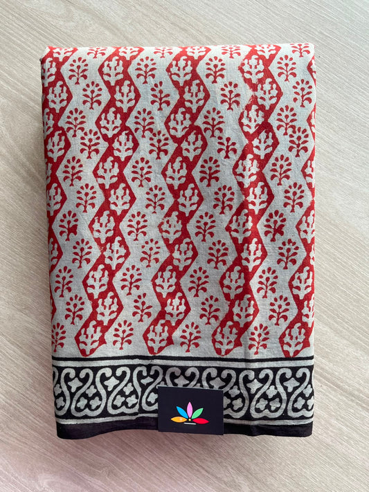 Light Grey Hand Block Printed Mul Cotton Saree - 35138