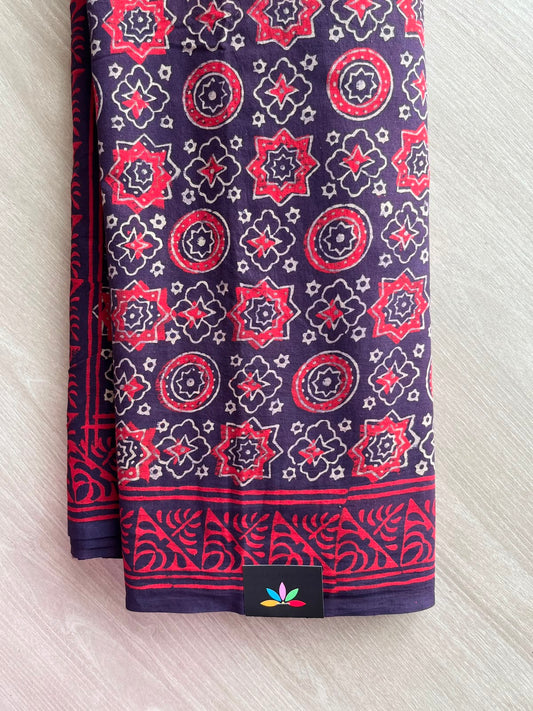 Midnight Purple Hand Block Printed Mul Cotton Saree - 35139