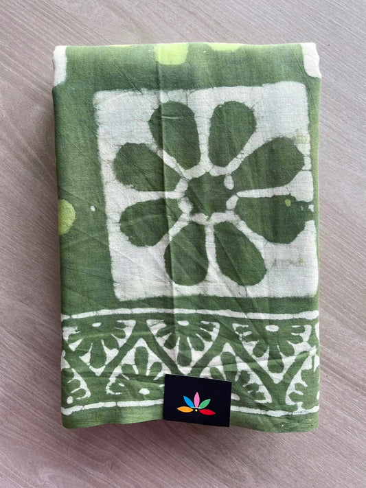 Asparagus Green Hand Block Printed Mul Cotton Saree - 35140-35141