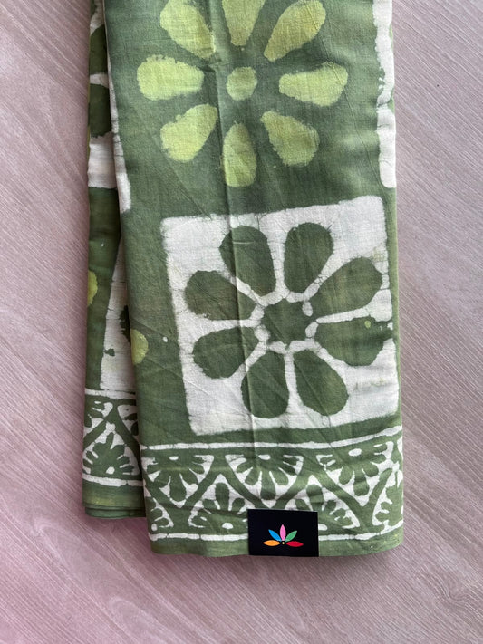 Asparagus Green Hand Block Printed Mul Cotton Saree - 35140-35141