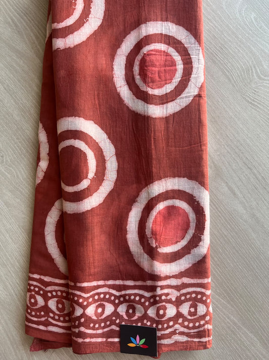 Rust Red Hand Block Printed Mul Cotton Saree - 35983