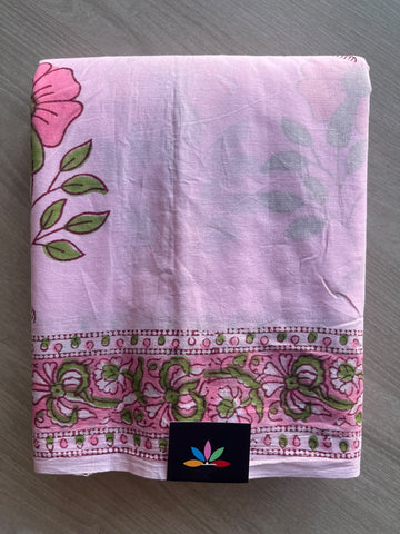 Tulip Pink Hand Block Printed Mul Cotton Saree - 35985