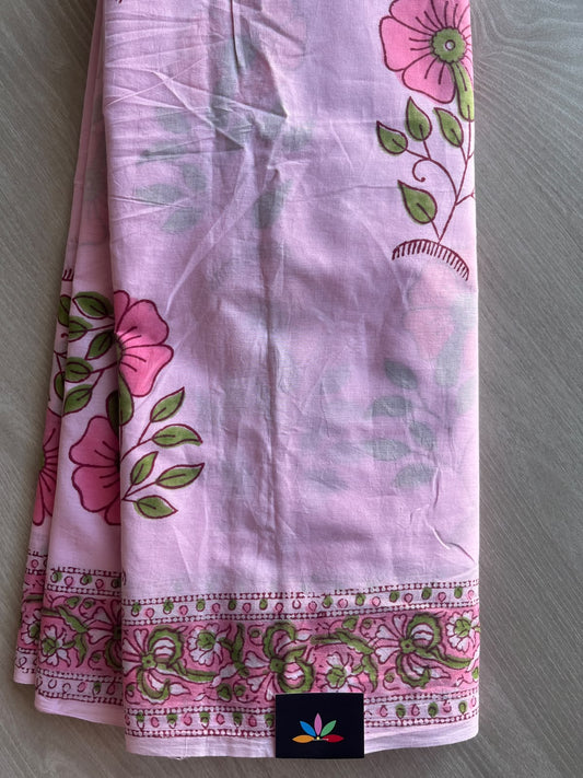 Tulip Pink Hand Block Printed Mul Cotton Saree - 35985