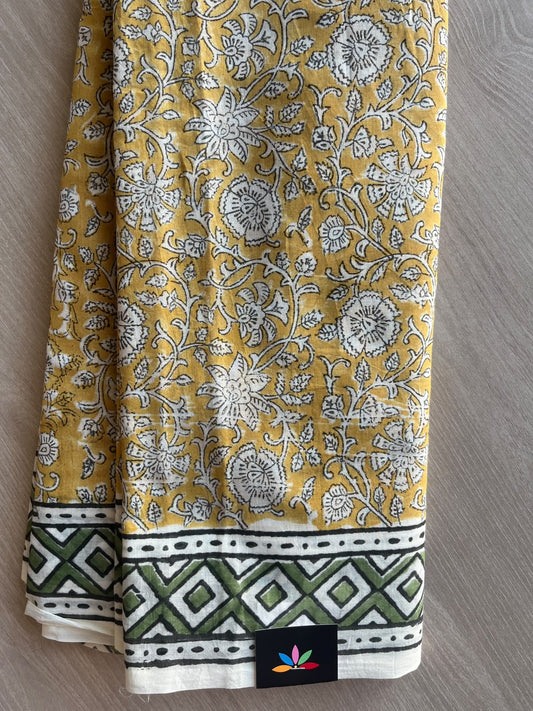 Flavescent Yellow Hand Block Printed Mul Cotton Saree - 35986