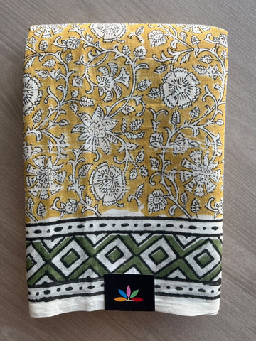 Flavescent Yellow Hand Block Printed Mul Cotton Saree - 35986
