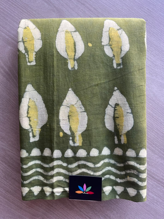 Moss Green Hand Block Printed Mul Cotton Saree - 35990
