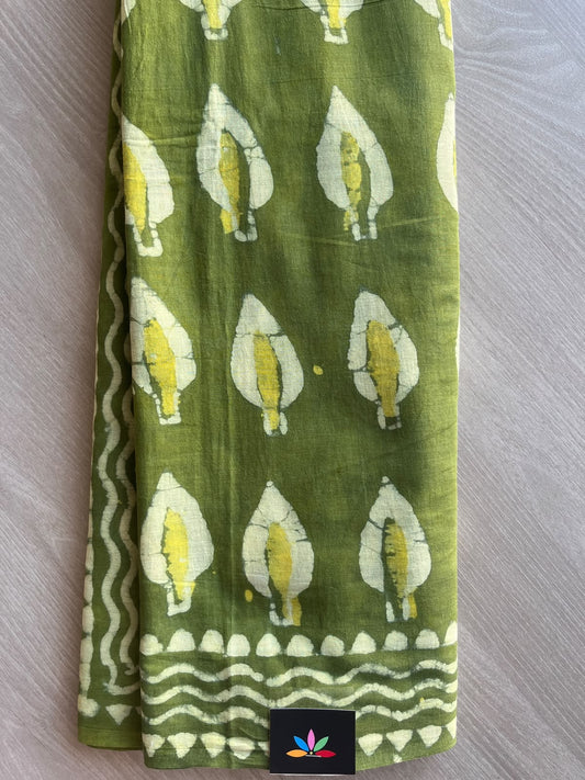 Moss Green Hand Block Printed Mul Cotton Saree - 35990