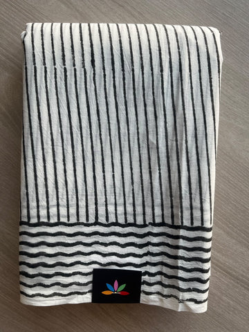 Off-White Hand Block Printed Mul Cotton Saree - 35993-36005-36006