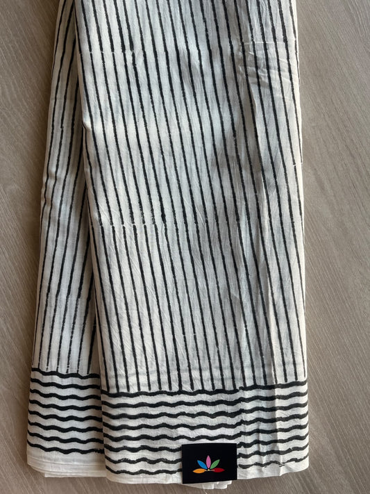 Off-White Hand Block Printed Mul Cotton Saree - 35993-36005-36006