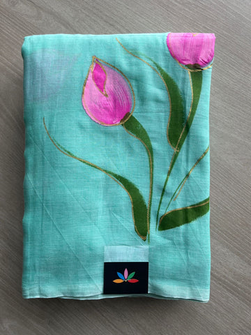 Hand Brush Printed Feather Light Mul Cotton Saree - 28360 / 28374