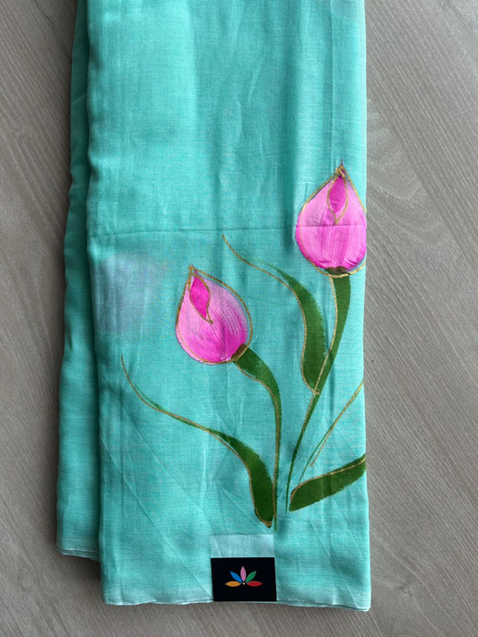 Hand Brush Printed Feather Light Mul Cotton Saree - 28360 / 28374