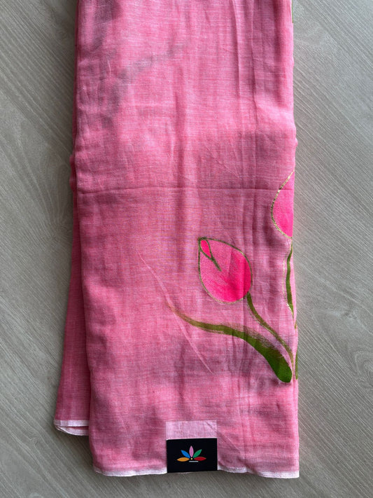 Hand Brush Printed Feather Light Mul Cotton Saree - 28361 / 28375