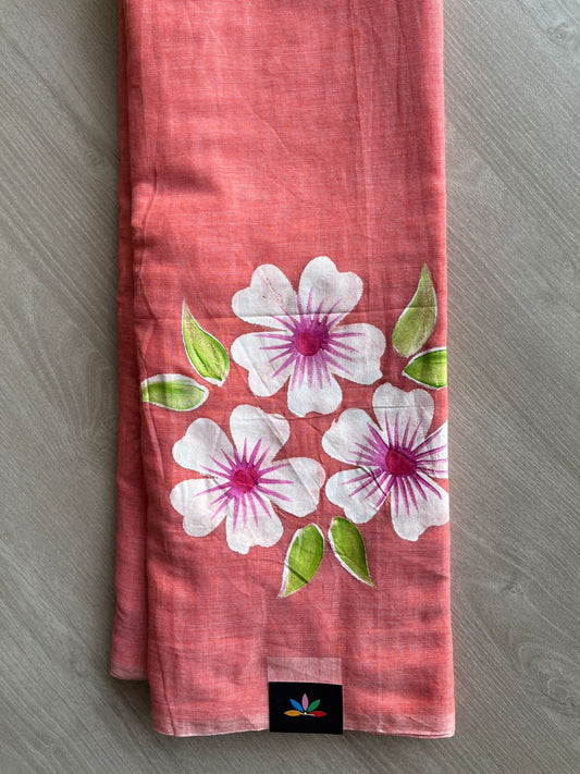 Hand Brush Printed Feather Light Mul Cotton Saree - 28364 / 28377