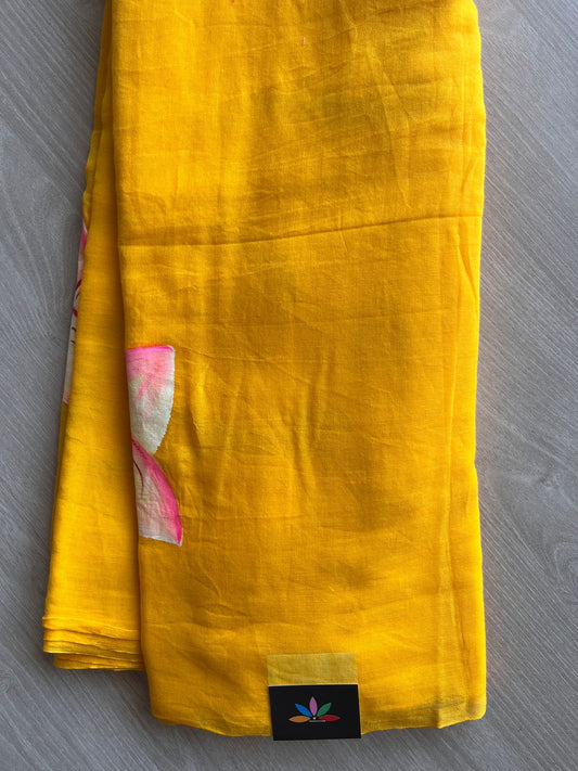 Hand Brush Printed Feather Light Mul Cotton Saree - 28367