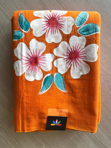 Hand Brush Printed Feather Light Mul Cotton Saree - 28373