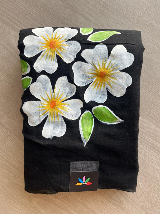 Hand Brush Printed Feather Light Mul Cotton Saree - 28375