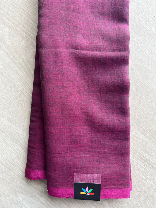 Double Tone (Vibrant Pink/Black) Plain Feather Light Mul Cotton Saree (Without blouse) - 31490