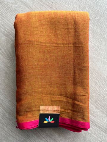 Double Tone (Mustard Gold/Vibrant Pink) Plain Feather Light Mul Cotton Saree (Without blouse) - 31493