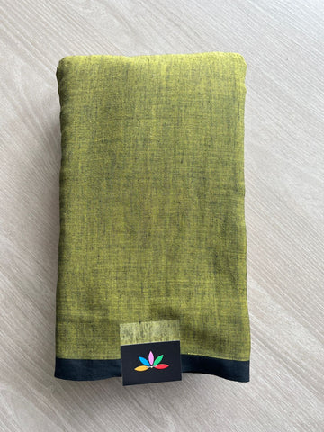Double Tone (Olive Green/Black) Plain Feather Light Mul Cotton Saree (Without blouse) - 31494