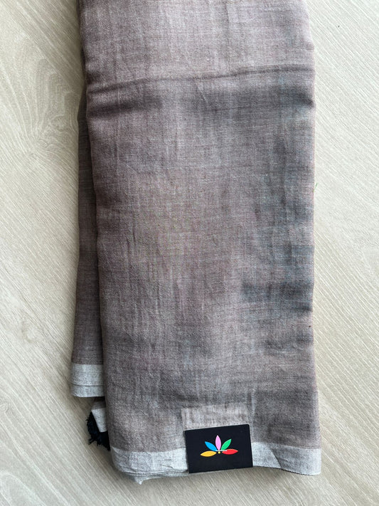 Double Tone (Steel Gray/Light Brown) Plain Feather Light Mul Cotton Saree (Without blouse) - 31495