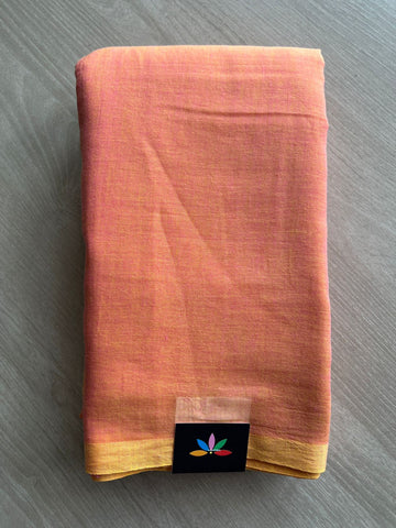 Double Tone (Peach Orange/Golden Yellow) Plain Feather Light Mul Cotton Saree (Without blouse) - 31507
