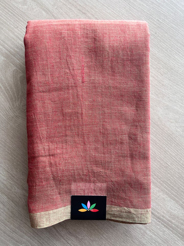 Double Tone (Beige/Dusty Red) Plain Feather Light Mul Cotton Saree (Without blouse) - 31516