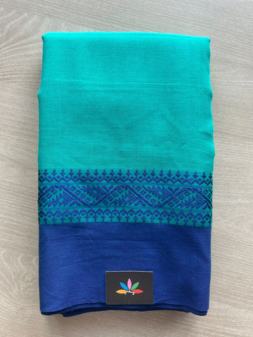 Dark Turquoise Contrast Border Bengal Soft Cotton Saree (Without Blouse) -32809-32810