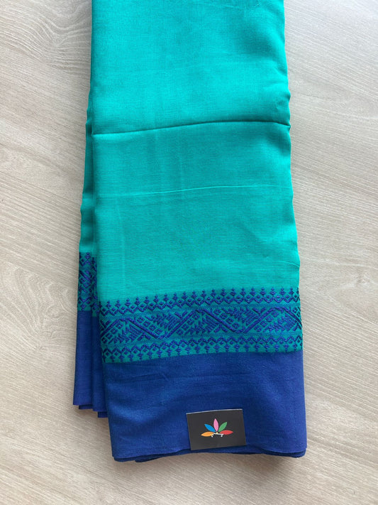 Dark Turquoise Contrast Border Bengal Soft Cotton Saree (Without Blouse) -32809-32810