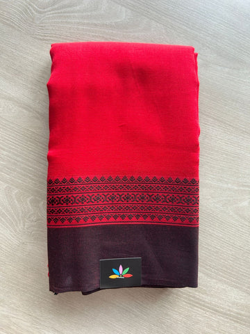 Cherry Red Contrast Border Bengal Soft Cotton Saree (Without Blouse) -32813-32814