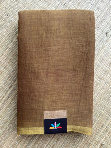 Double Tone (Mocha Brown/Golden Beige) Plain Feather Light Mul Cotton Saree (Without blouse) - 32864