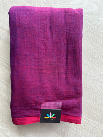 Double Tone (Deep Purple/Deep Pink) Plain Feather Light Mul Cotton Saree (Without blouse) - 32866