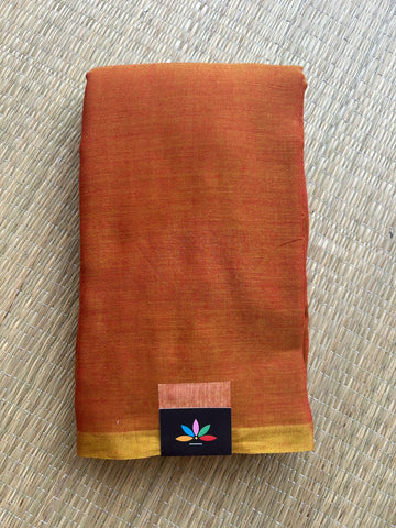 Double Tone (Rust Orange/Golden) Plain Feather Light Mul Cotton Saree (Without blouse) - 32879_32880