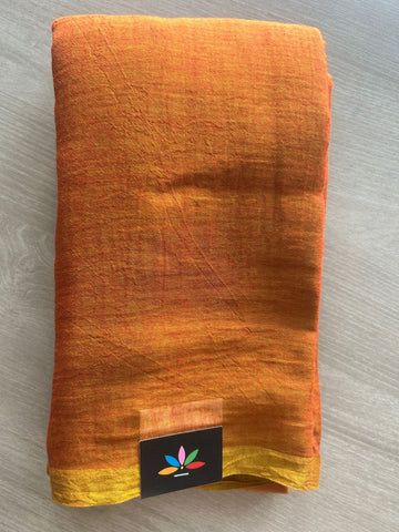 Double Tone (Rust Orange/Golden) Plain Feather Light Mul Cotton Saree (Without blouse) - 32879_32880