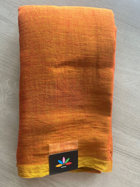 Double Tone (Rust Orange/Golden) Plain Feather Light Mul Cotton Saree (Without blouse) - 32879_32880
