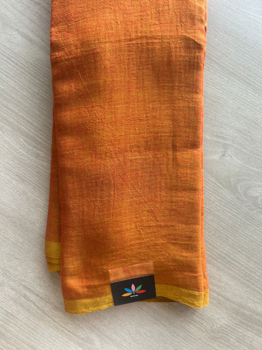 Double Tone (Rust Orange/Golden) Plain Feather Light Mul Cotton Saree (Without blouse) - 32879_32880