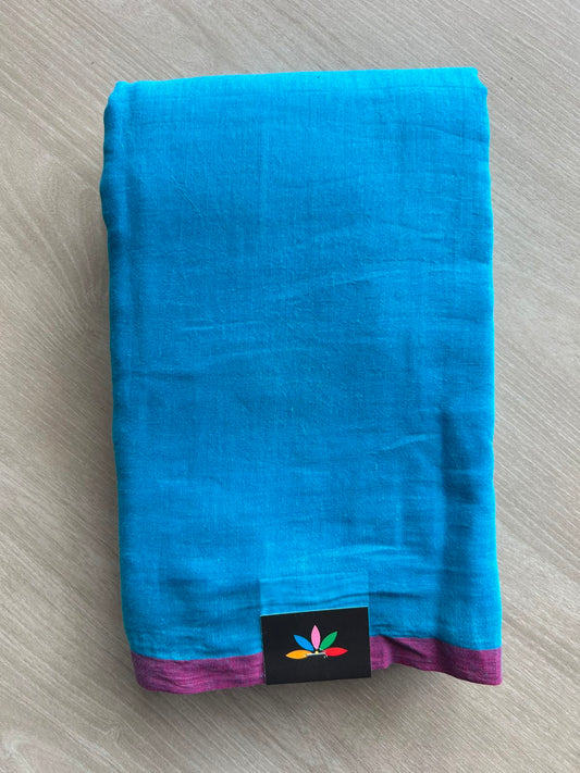 Science Blue Plain Feather Light Mul Cotton Saree (Without blouse) - 32883_32884