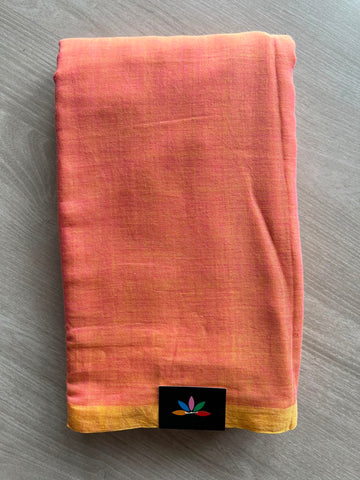 Double Tone (Golden Yellow/Magenta Pink) Plain Feather Light Mul Cotton Saree (Without blouse) - 32929_32930