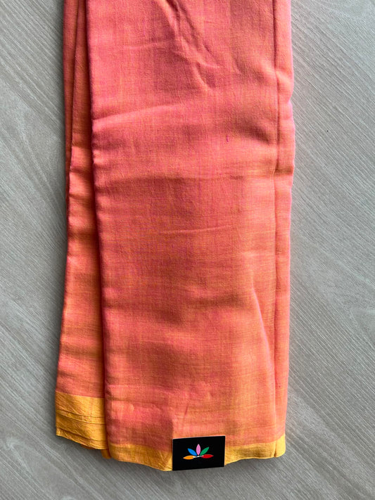 Double Tone (Golden Yellow/Magenta Pink) Plain Feather Light Mul Cotton Saree (Without blouse) - 32929_32930