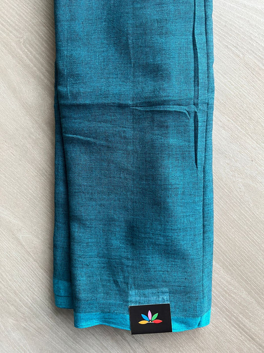 Double Tone (Bright Teal/Black) Plain Feather Light Mul Cotton Saree (Without blouse) - 32937_32938