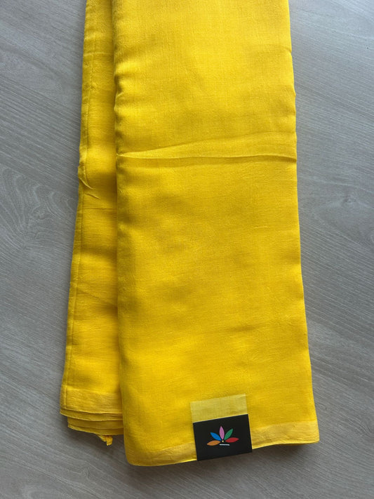 Bright Yellow Plain Feather Light Mul Cotton Saree (Without blouse) - 32959-32960