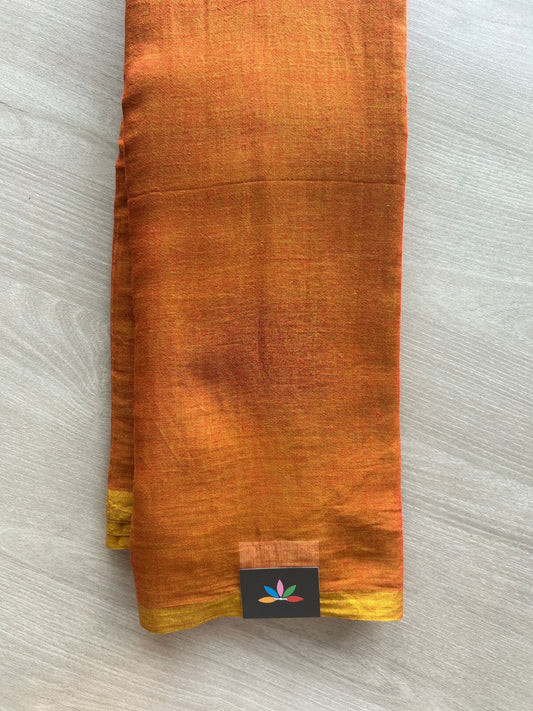 Double Tone (Rust Orange & Mustard Yellow) Plain Feather Light Mul Cotton Saree (Without blouse) - 33005