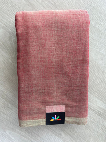 Double Tone (Dusty Rose & Light Beige) Plain Feather Light Mul Cotton Saree (Without blouse) - 33010
