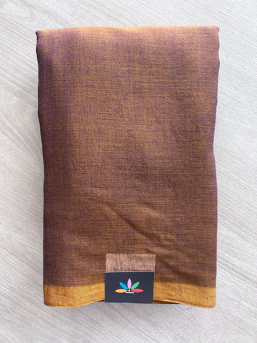 Double Tone (Copper Brown & Mustard Yellow) Plain Feather Light Mul Cotton Saree (Without blouse) - 33016