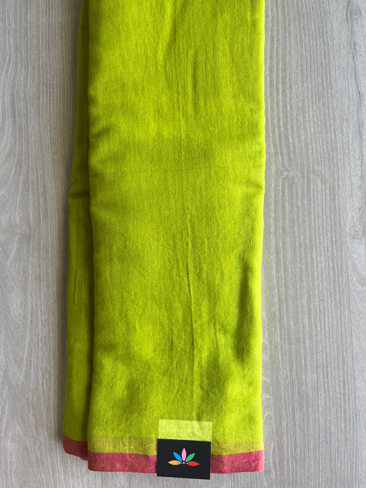 Bright Olive Plain Feather Light Mul Cotton Saree (Without blouse) - 33017