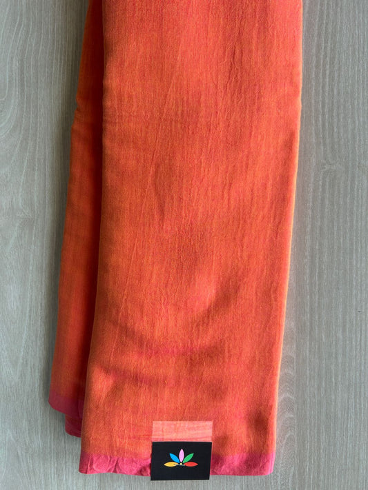 Double Tone (Peach Pink/Yellow) Plain Feather Light Mul Cotton Saree (Without blouse) -33023-33024